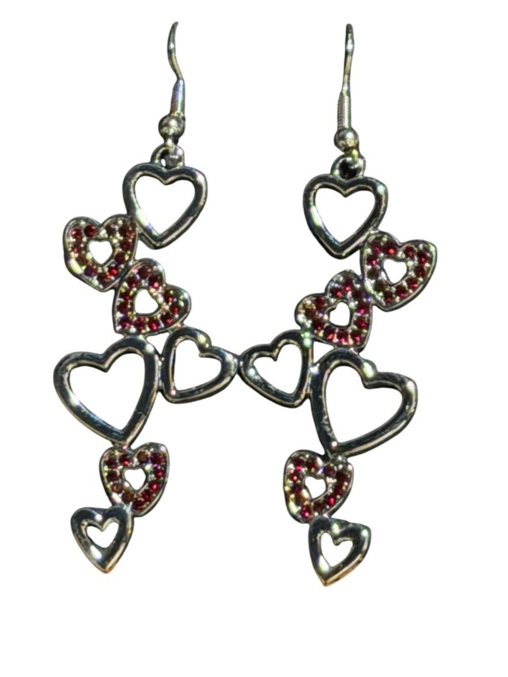 Unbranded Size OSFM Silver Tone Red Rhinestone Heart Dangle Earrings
